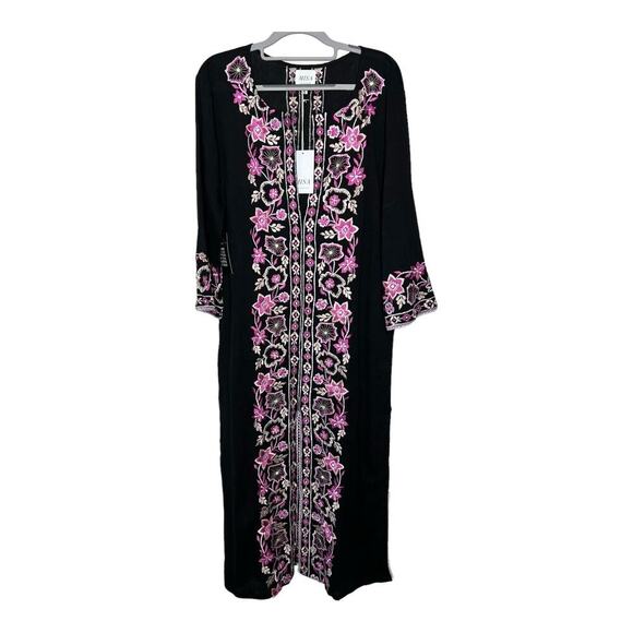 MISA LA x Anthropologie Dress Womens Medium Black Pink Embroidered Maxi Boho - Picture 1 of 16